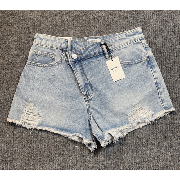Forever 21 Jean Shorts Women Size 25 Blue Cut-Off Denim High Rise Distress NEW - Picture 1 of 9